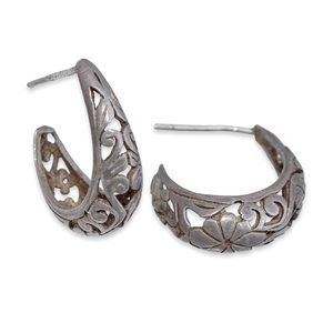 Vintage Sterling Silver Hoop Earrings Floral Filigree Scroll Openwork J Hoops